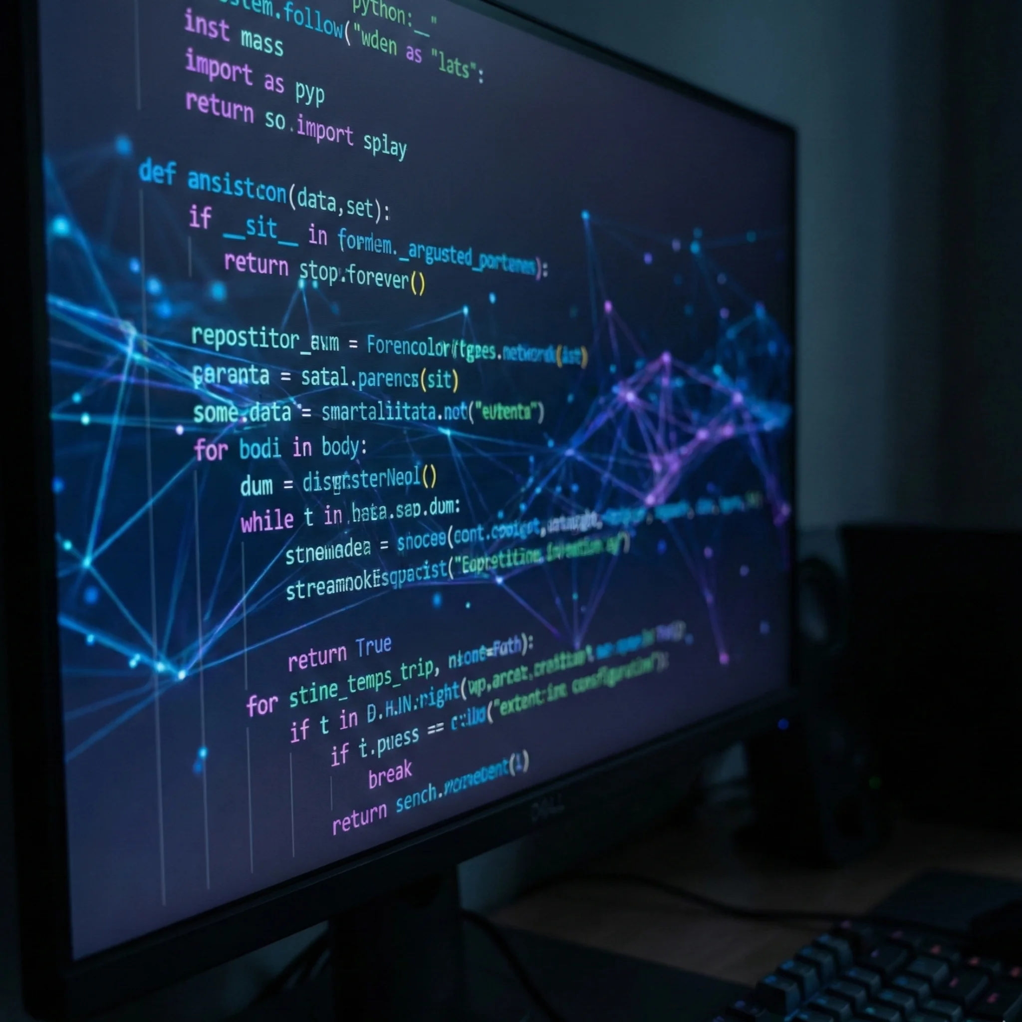 A close-up of a computer monitor displaying syntax-highlighted code with a glowing blue and purple data network visualization overlaid on the screen.
