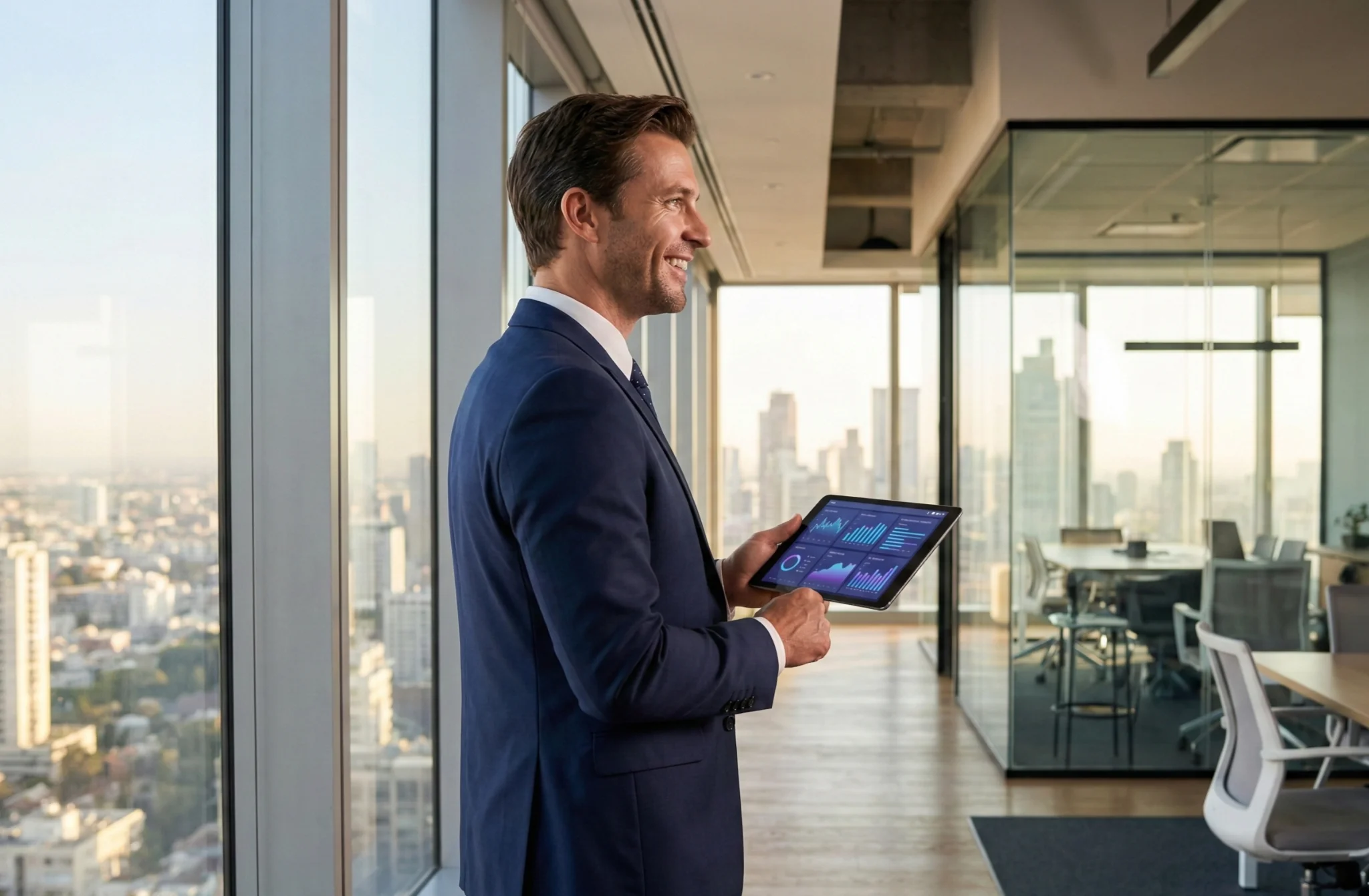 A successful business professional in a modern office using a tablet to view a custom software analytics dashboard, representing the exceptional results delivered by Wysheit Technologies.