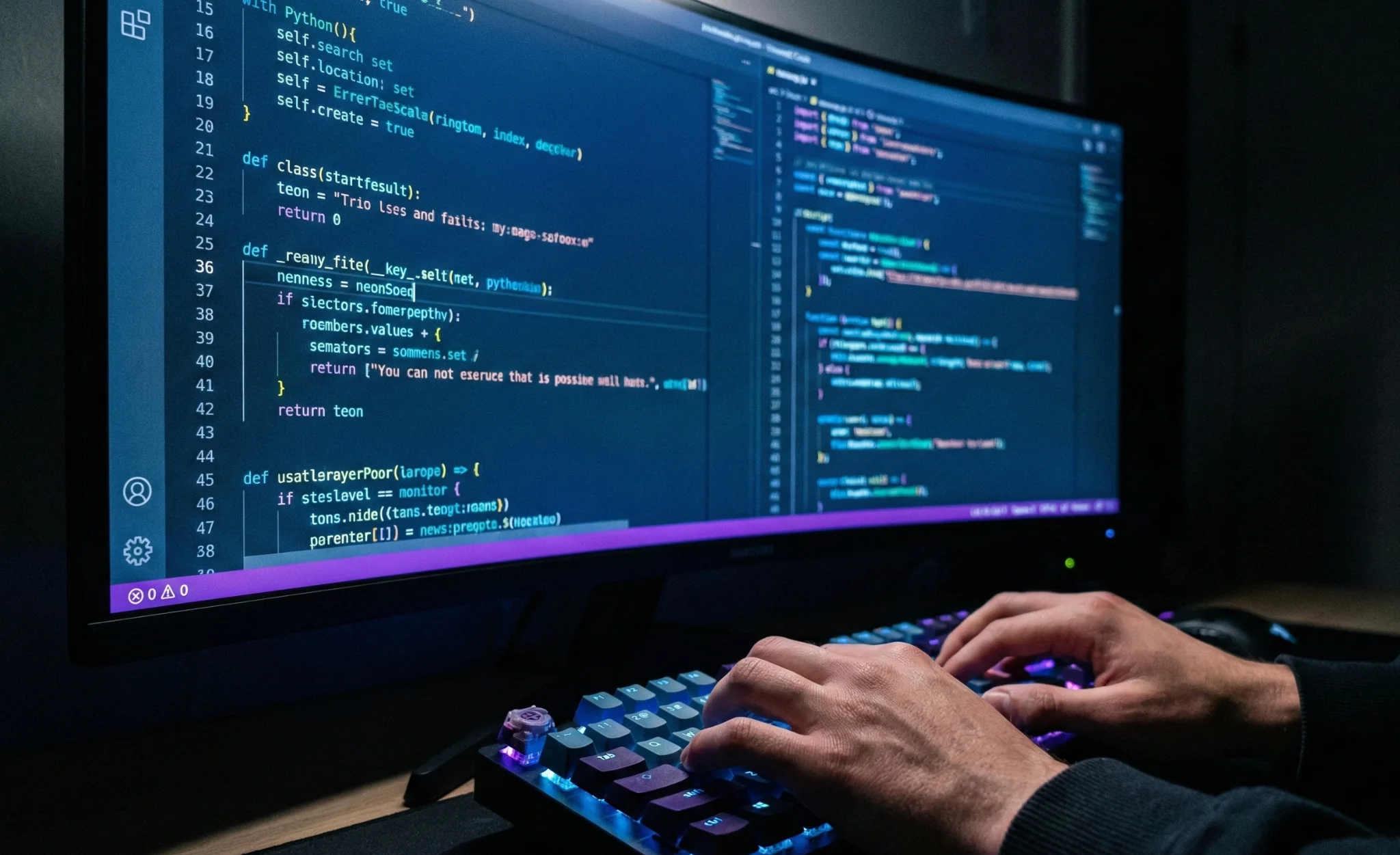 A close-up of a software engineer's hands typing on a mechanical keyboard with neon syntax-highlighted code on screen, showcasing Wysheit Technologies' commitment to clean, scalable architecture.