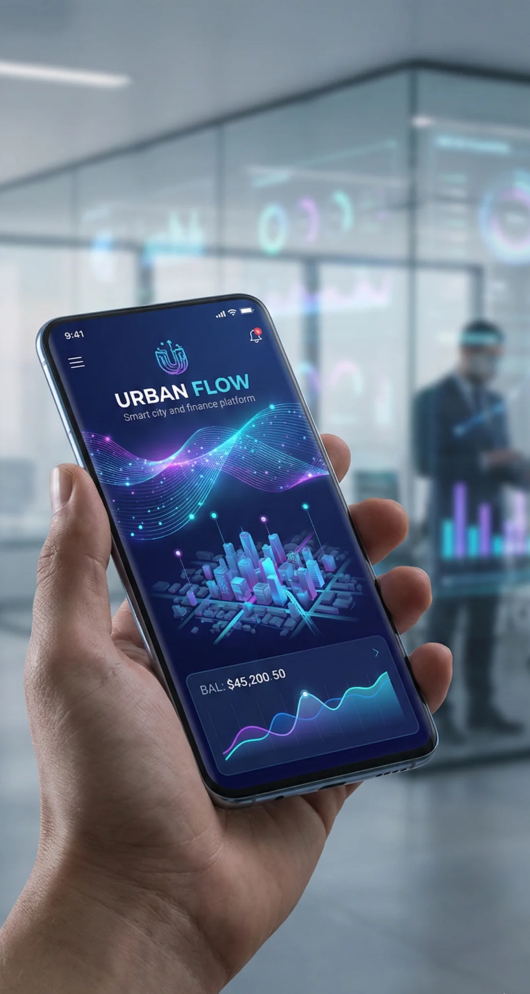 A hand holding a smartphone displaying a futuristic mobile application interface for a smart city and finance platform, with glowing data visualizations.