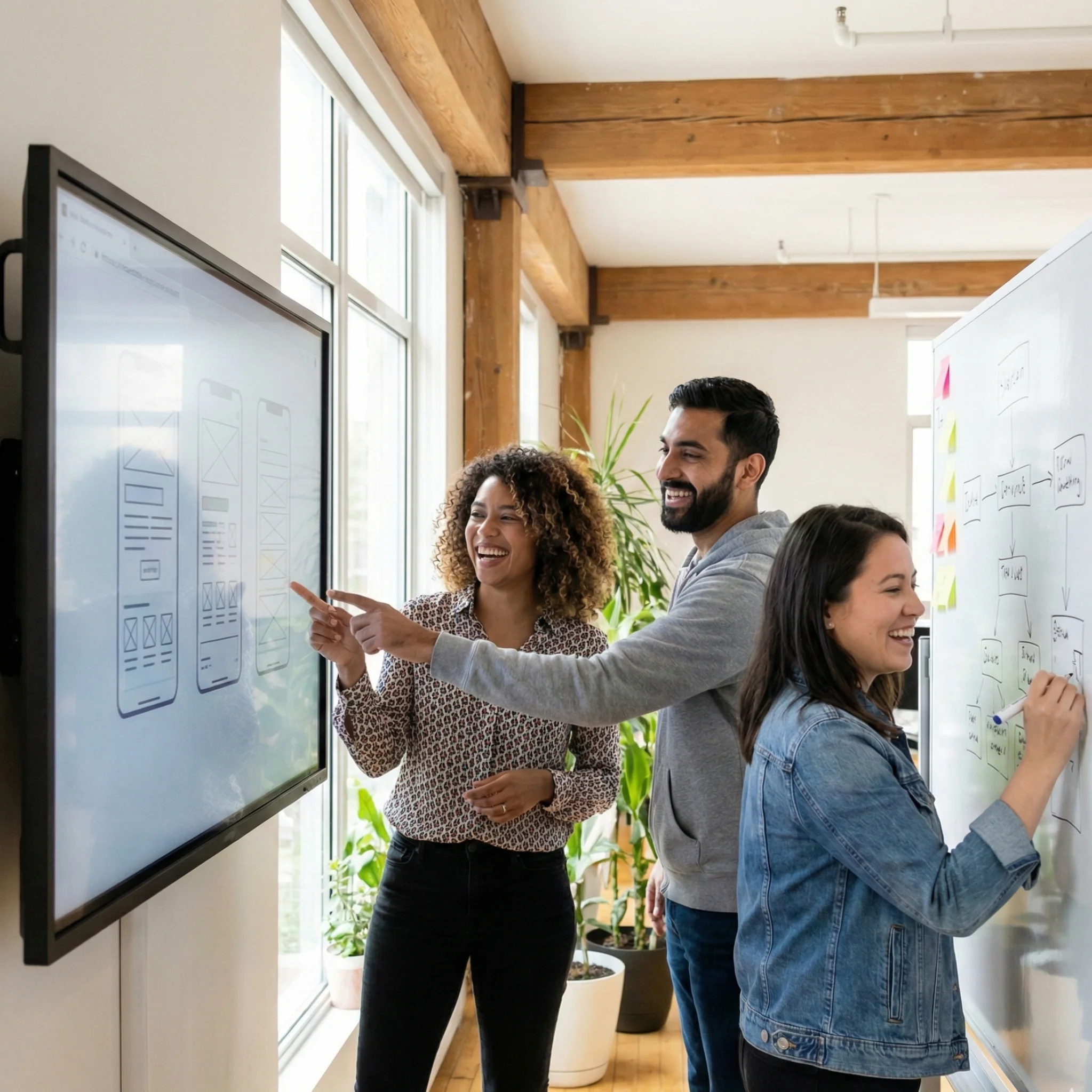 A diverse team of three software engineers and designers collaborating in a modern office, pointing at mobile app wireframes on a large screen and a whiteboard.